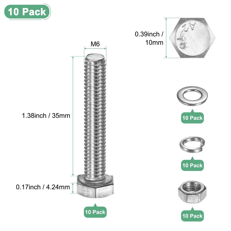 M METERXITY 10-Pack Hex Head Screw Bolt with Nuts Flat
