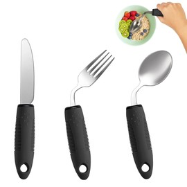 3-Piece Adaptive Utensils Set - 42° Angled Parkinsons Utensils, Weighted Utensils for Tremors and Parkinsons Patients, Easy Grip Weighted Silverware for Hand Tremors (Black: Left-handed)