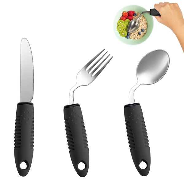 3-Piece Adaptive Utensils Set - 42° Angled Parkinsons Utensils, Weighted
