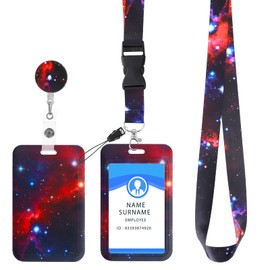 cobee ID Badge Holder with Lanyard, Retractable Starry Sky Badge Holders with Reels and Detachable Badge Lanyards Fashionable Neck Crossbody Lanyard Name Credit Card Protector for Nurse,Teacher(Red)