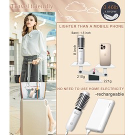 Fitdafit Cordless Hair Curling Iron Brush, 1.5" Mini Cordless Hair Curler, 3-in-1 Travel Curling Brush Hair Straightener Comb Rechargeable, Long Battery Portable Ionic Heated Tool, White