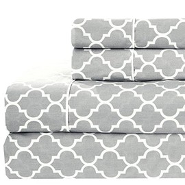 GoLinens Pure Combed Cotton Percale Sheets Set Printed Meridian Queen, Gray/White