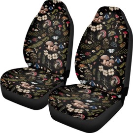 UNICEU Mushroom Car Seat Covers Front Seats Only 2 Pcs - Forest Mushroom Leaf Print Auto Interior Seat Covers Anti-Scratch Protector Universal Fit Trucks SUV Van
