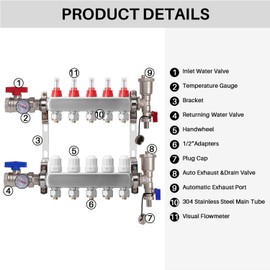 5-Branch Radiant Heat Manifold,Stainless Steel PEX Manifold with Compatible Outlets for Hydronic Radiant Floor Heating (1/2" Adapters included)