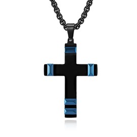 Men's Stainless Steel Black Blue Cross Necklace Titanium Steel Crucifix Religious Cross Pendant with 24 Inch Chain Birthday Present for Husband Father Boyfriend Son (Black Blue)