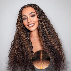 BLY Highlight Wear and Go Glueless Wig Water Wave Human Hair Wigs for Women 16 Inch 5x7 HD Lace Pre Cut Pre Plucked 2/30 Ombre Brown Colored Deep Wave Lace Front Wig 180% Density