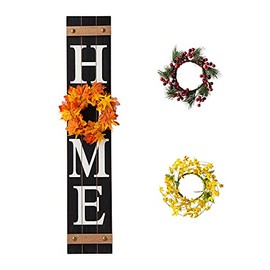 Glitzhome Welcome Sign for Front Door Porch Rustic Farmhouse Wooden Hanging Wall Sign with 3 Interchangeable Floral Wreath for Seasons Spring Summer Fall Harvest Thanksgiving Christmas, 42”H, Black