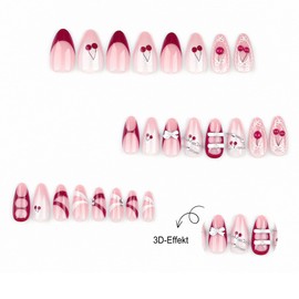 MouyouGlow Press on Nails Short, Almond Nude Pink 3D Red Cherries White Bow Pearl Cute Coquette Y2K Fake Nails with Nail Glue, Red Cherries Summer Artificial Fingernails