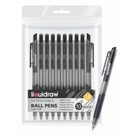 Liquidraw Ballpoint Black Pens Set Of 10 Retractable Black Ball Pens Medium Point 1.0mm Ball Point Black Pen Set Smooth Writing Comfortable Grip Click Pens For Home, School & Office (Black)