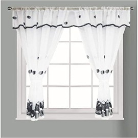 Householdfurnishing Embroidered Kitchen Window Pair Curtains Set Rod Pocket with Attached Valance & Tiebacks (Black White, W 48 x L 36 Inch)