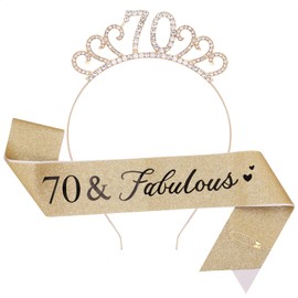 TOPWAYS 70th Birthday Sash & Tiara Set, Gold Glitter Crown Headband & Fabulous Sash Party Supplies for Her 70th Birthday Decorations