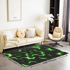 Geometric Area Rug 150x200cm,Teen Boys Green Black Neon Light Honeycomb Area Runner Rug,Geometry Hexagon Living Room Rugs,Modern Fashion Indoor Floor Mat Non Slip