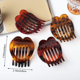 Heart Shaped Tortoise Shell Hair Claw Clips, Leopard Print Design, Strong Hold No Slip for Thick or Thin Hair, 4 Pack
