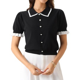 Allegra K Women Short Sleeve Jumper Tops Summer Elegant Collared Work Shirts Black XL