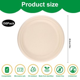 150 Pack Compostable Heavy Duty Plates 10 Inch,Bagasse Natural Biodegradable Eco-Friendly Sugarcane Plates Disposable Bamboo Paper Plates for Party Dinner Sugarcane Fibers Round Plates(Brown)