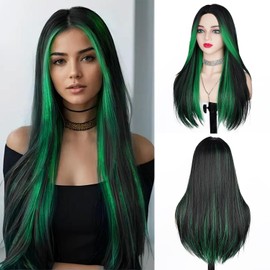 Fulang Hair Long Natural Highlight Green Wigs for Women Long Straight Wigs Synthetic Hair Heat Resistant Wig for Daily Party Cosplay Use