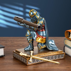 Akulgaci Medieval Knight Pen Holder with Sword, Kneeling King's Guard Warrior Pencil Stand Office Accessories Cool Fancy Desk Decor Gift for Men Dad Husband Boss Boyfriend Him- Leader Cloak Style