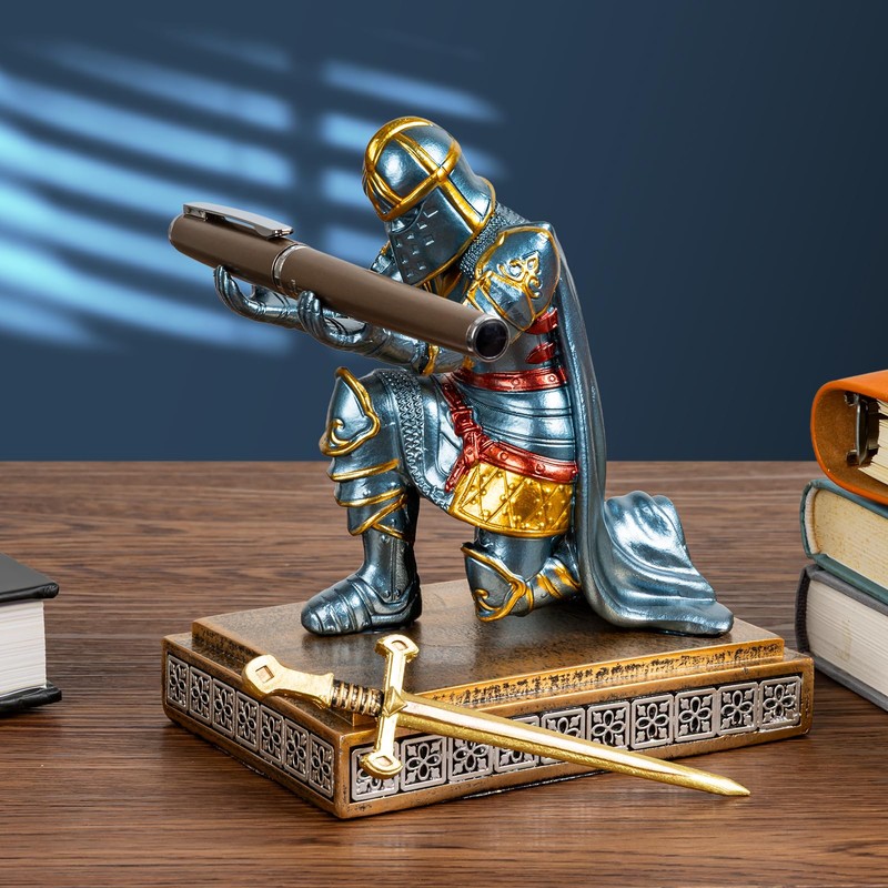 Akulgaci Medieval Knight Pen Holder with Sword, Kneeling King's Guard