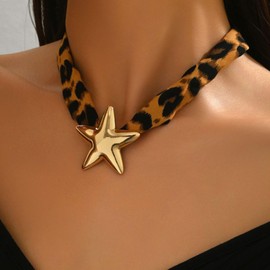 Scarf Necklace with Charm Starfish Coin Pendant Leopard Choker Necklaces Bandana Charm Necklace for Woman Boho Statement Neckwear