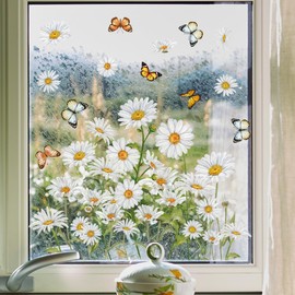LOONELO Spring Summer Window Stickers, Daisy Floral Butterfly Window Clings, Double-Sided Seasonal Nature-Inspired Flower Glass Door Window Decals for Bedroom Living Room TV Office Home Decorations
