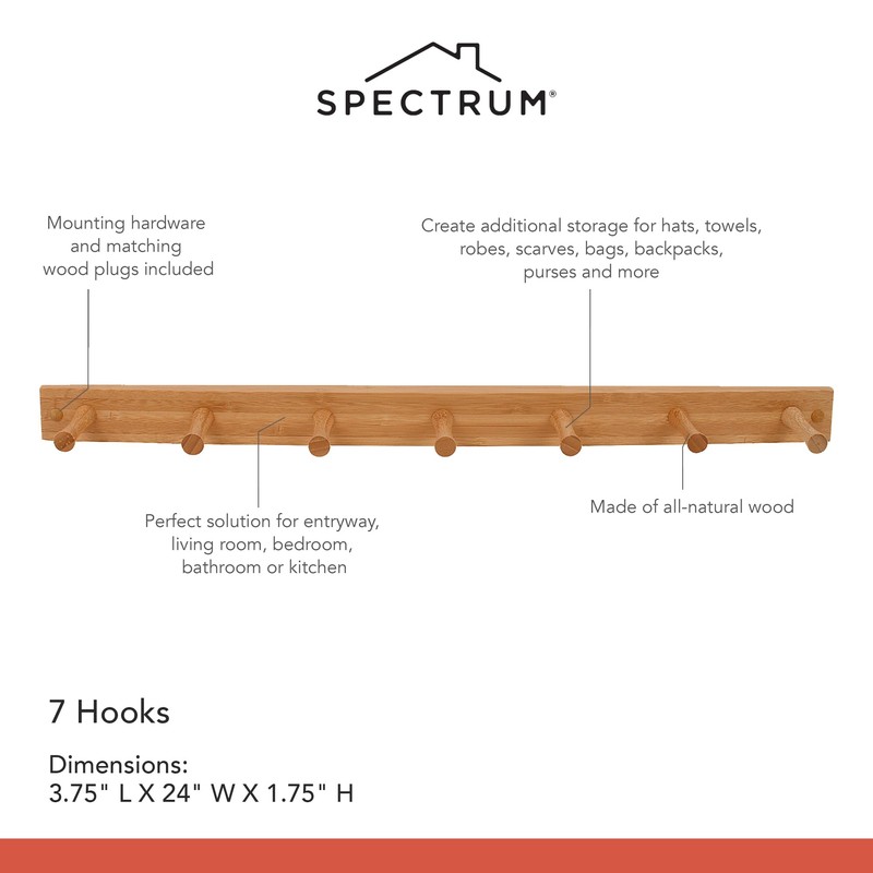 Spectrum Wall Mount 7-Peg Wood Rack Organizer for Bathroom, Kitchen,