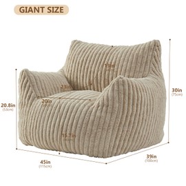 Achicsofar Giant Bean Bag Chairs for Adults Teens with Filling Comfy Cozy Large Bean Bag Lazy Sofa Chair Fuzzy BeanBag Chair with Armrests for Bedroom Living Room Reading Gaming (Beige, Large)