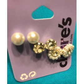 Claire's Three Pairs Claire's Faux Pearl Silver Rhinestone Stud Round Pearl Stud Earrings