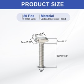 PATIKIL M6 x 35 mm Thread T-Slot Bolts, 20 Pcs Drop-in Bolt Hammer Head T-Bolt Standard 8 mm Sliding Screw Stud for 30 Series Aluminum Extrusion Profile, Silver