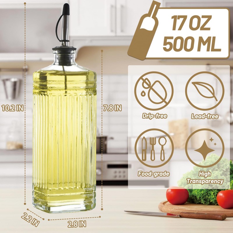 Wongblee 1-Pack Glass Olive Oil Dispenser 500ML/17OZ, Rectangular Vinegar Bottle