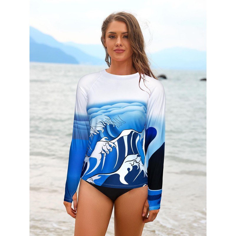 SHEKINI Damen Langarm Rash Guard Schwimmshirt Landschaftsdruck Serie Surfshirt Oberteile（XXL，Weiß-HL）