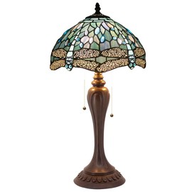 Tiffany Lamp Sea Blue Stained Glass and Crystal Bead Dragonfly Style Table Nihgt Light W12 H22 Inch for Coffee Table Living Room Antique Desk Beside Bedroom S147 WERFACTORY