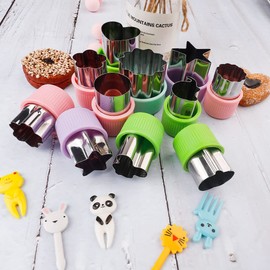 31 Pcs Vegetable Fruit Cutters Shapes Set, 20 Pcs Stainless Steel Mini Cookie Cutters, 10 Pcs Kids Food Picks, 1 Brush, Fruit Shape Cutters for Kids Bento Box Baking