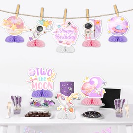 Jollyboom Two The Moon Birthday Decorations Honeycomb Centerpiece, Outer Space Happy Birthday Honeycomb Centerpiece Table Decoration Pink Planet for Girl Galaxy Solar System Space Theme 2nd Birthday
