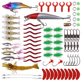 aulyun 70 pieces fishing lure mixed including soft bait, VIB, height hooks, single hooks, swivels, guides, etc. for freshwater salt water fishing