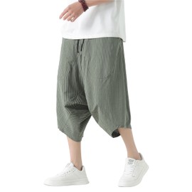 Tripleberly Mens Capri Pants Casual 3/4 Harem Pants with Pockets Baggy Capri Shorts for Men Elastic Waist Drawstring