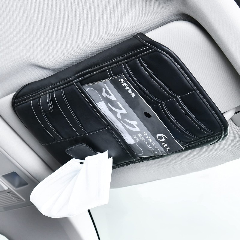 Seiwa WA62 Car Storage Items, Sun Visor Pocket, Genuine Leather