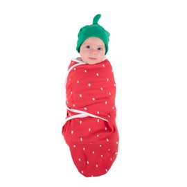 Baby Swaddle | 100% Cotton Adjustable Velcro Newborn Blanket Wrap - with Novelty Hat Beanie Strawberry