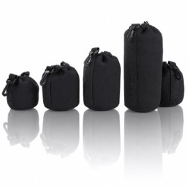 Camera Lens Case, Lens Pouch, Set of 5, Waterproof, Shockproof, Protective Cover, Thick, (Black)