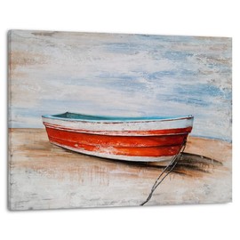 SYGALLERIER Nautical Canvas Wall Art Hand Painted Red Boat Still Life Painting Modern Coastal Pictures Aesthetic Artwork for Living Room Bedroom Bathroom Decor