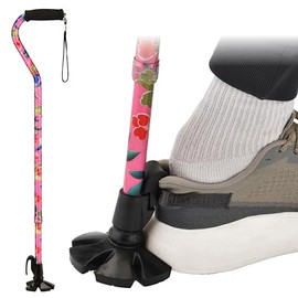 NOVA Shoe Horn Offset Cane, 2-in-1 Shoe Helper & Walking Aid, Self-Standing, 5-Point Base, Foam Handle, Lightweight Aluminum, Slip-Resistant Tip, Fade & Chip Resistant, Pink Garden