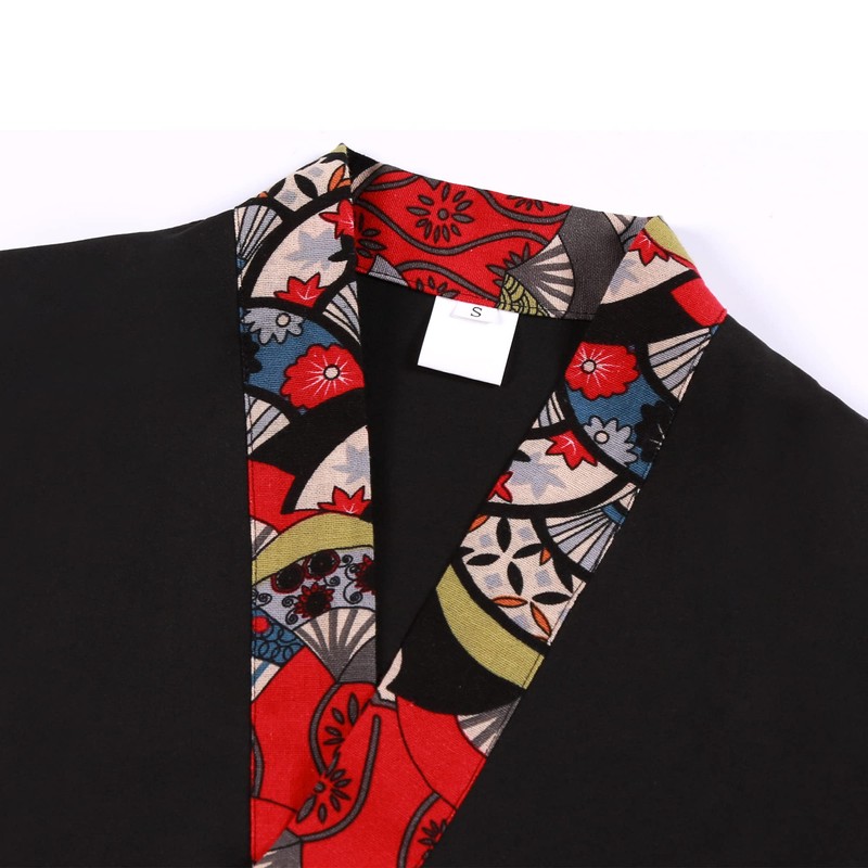 Unisex 3/4 Sleeve Black Sushi Chef Coat Kimono Cardigan Japanese