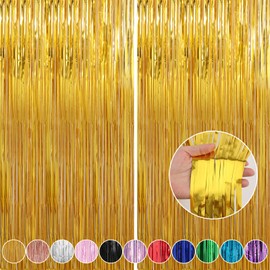 Crosize 2 Pack Gold Foil Fringe Curtains Party Decorations, Gold Tinsel Curtain Backdrop for Parties, Door Streamers, Glitter Streamer Fringe Backdrop for Birthday Decoration