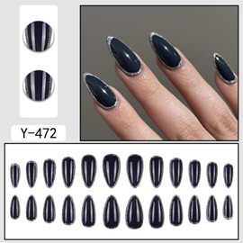Press on Nails Medium Almond Fake Nails with Dark Blue Shiny Designs Stick on Nails Glossy Reusable Artificial Acrylic Full Cover False Nails for Women 24 Pcs (Dark Blue-9, M-09)