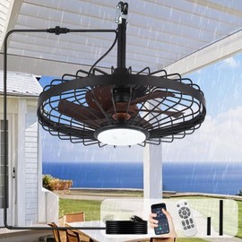 Depuley Outdoor Ceiling Fan with Light: 20 Inch Waterproof Gazebo Fans with Lights Outdoor Hanging - Plug in Remote App Control Caged Fans for Patios Pergola Porch Canopy - 6 Speed Black and Walnut