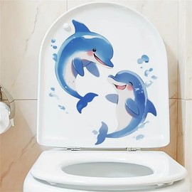 Sky Blue Dolphin Toilet Cover Sticker Decals,Spring Flower Leaf Butterfly Waterproof Toilet Lid Tank Seat Decals Cistern Self-Adhesive Bathroom Wall Sticker