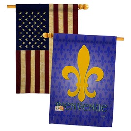 Breeze Decor Bienvenue House Flag Pack Country Living Fleur De LYS Vintage Flower Lily Lis French Party Mardi Applique Decoration Banner Small Garden Yard Gift Double-Sided, Made in USA