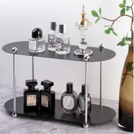 H HERAFE 2-Tier Bathroom Counter Organizer, Perfume Display Stand and Vanity Tray Organizer, Corner Shelf Cosmetics Makeup Bathroom Supplies Organizer, Spice Rack for Kitchen (Metal Black)