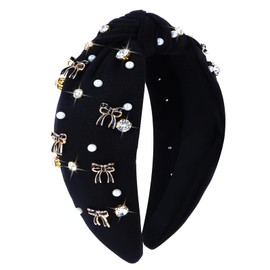 Jaciya Black Bow Headband for Women Knotted Pearl Rhinestone Hairband Coquette Birthday Party Decor Cute Girls Hair Accessory