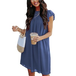 KIRUNDO Wedding Guest Shift Dresses for Women Short Spring Summer Ruffle Cap Sleeve Chiffon Babydoll Flowy Mini Sundress(Grey Blue, Large)