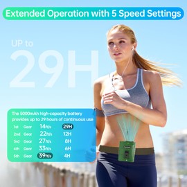 SynclaspX Portable Waist Fan - Belt Clip Fan with 5 Speeds, 39ft/s Ultra-Strong Wind, 5000mAh Rechargeable, 29H Runtime, LED Light, Red-Blue SOS Lamps for Jobsite, Farm, Camp